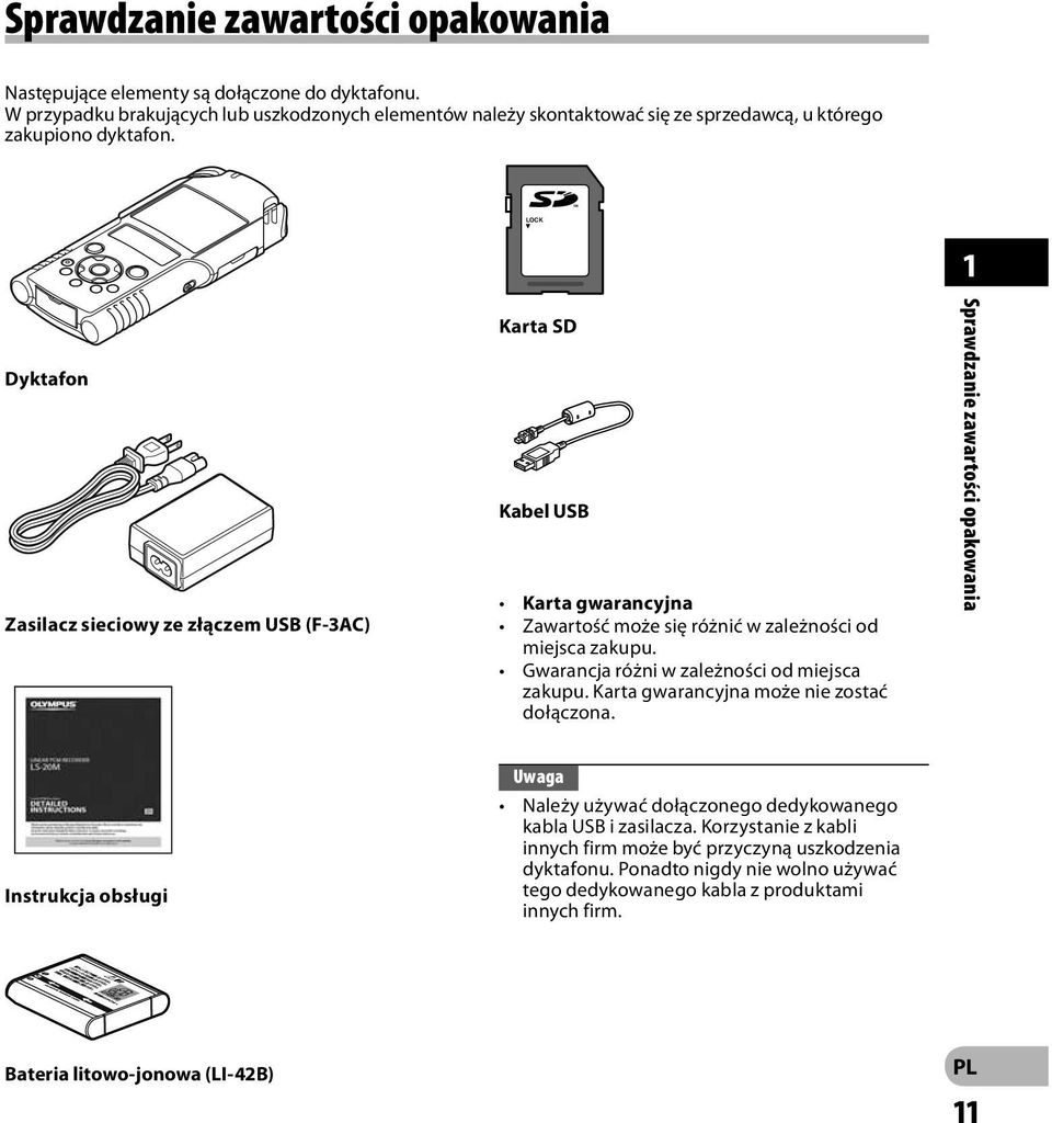 LOCK 1 Dyktafon Zasilacz sieciowy ze złączem USB (F-3AC) Karta SD Kabel USB Karta gwarancyjna Zawartość może się różnić w zależności od miejsca zakupu.