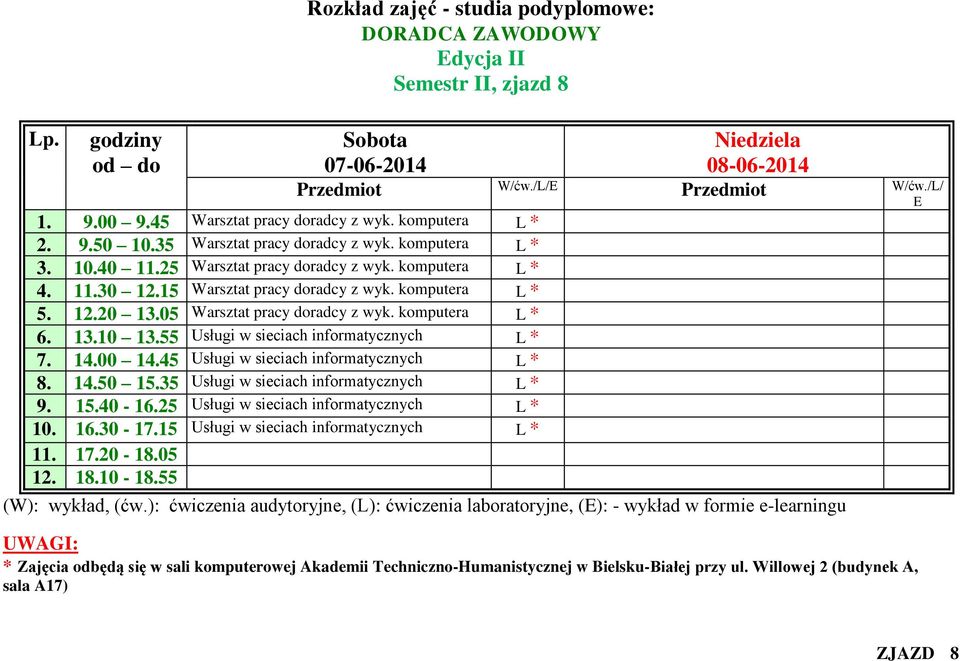 55 Usługi w sieciach informatycznych L * 7. 14.00 14.45 Usługi w sieciach informatycznych L * 8. 14.50 15.35 Usługi w sieciach informatycznych L * 9. 15.40-16.