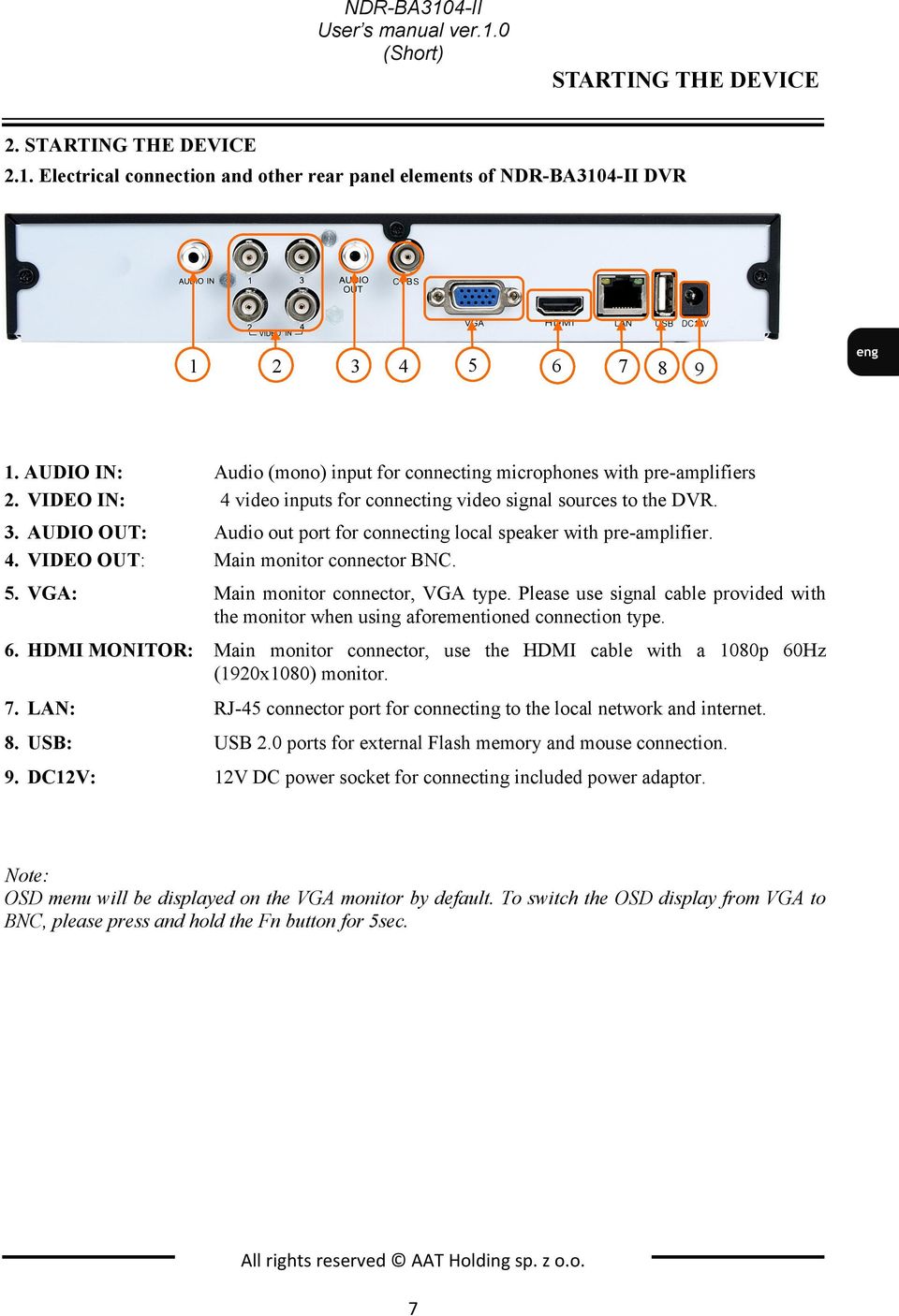 AUDIO OUT: Audio out port for connecting local speaker with pre-amplifier. 4. VIDEO OUT: Main monitor connector BNC. 5. VGA: Main monitor connector, VGA type.