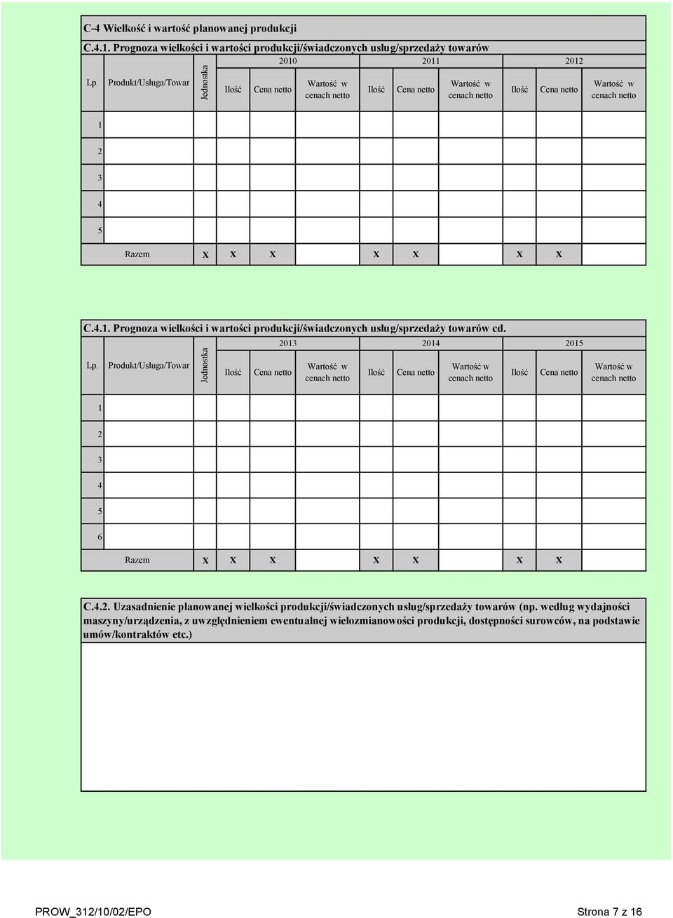 2 3 4 5 C.4.1. Prognoza wielkości i wartości produkcji/świadczonych usług/sprzedaży towarów cd. 2013 2014 2015 Lp. 2 3 4 5 6 C.4.2. Uzasadnienie planowanej wielkości produkcji/świadczonych usług/sprzedaży towarów (np.
