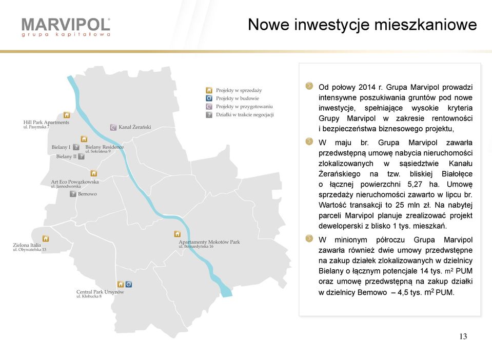 Grupa Marvipol zawarła przedwstępną umowę nabycia nieruchomości zlokalizowanych w sąsiedztwie Kanału Żerańskiego na tzw. bliskiej Białołęce o łącznej powierzchni 5,27 ha.