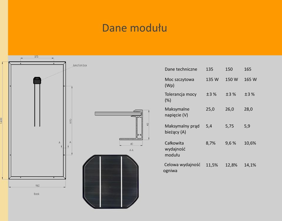 Całkowita wydajność modułu Celowa wydajność ogniwa 135 W 150 W 165 W