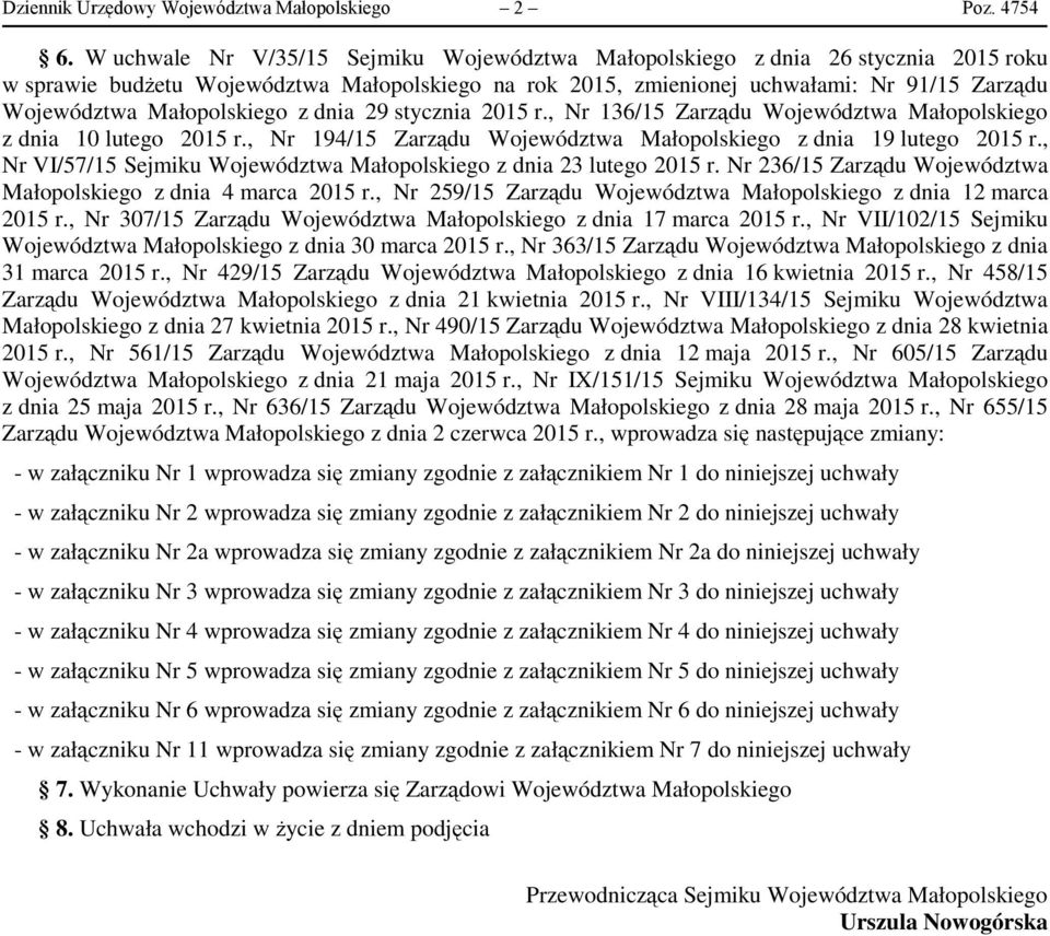 Małopolskiego z dnia 29 stycznia 2015 r., Nr 136/15 Zarządu Województwa Małopolskiego z dnia 10 lutego 2015 r., Nr 194/15 Zarządu Województwa Małopolskiego z dnia 19 lutego 2015 r.