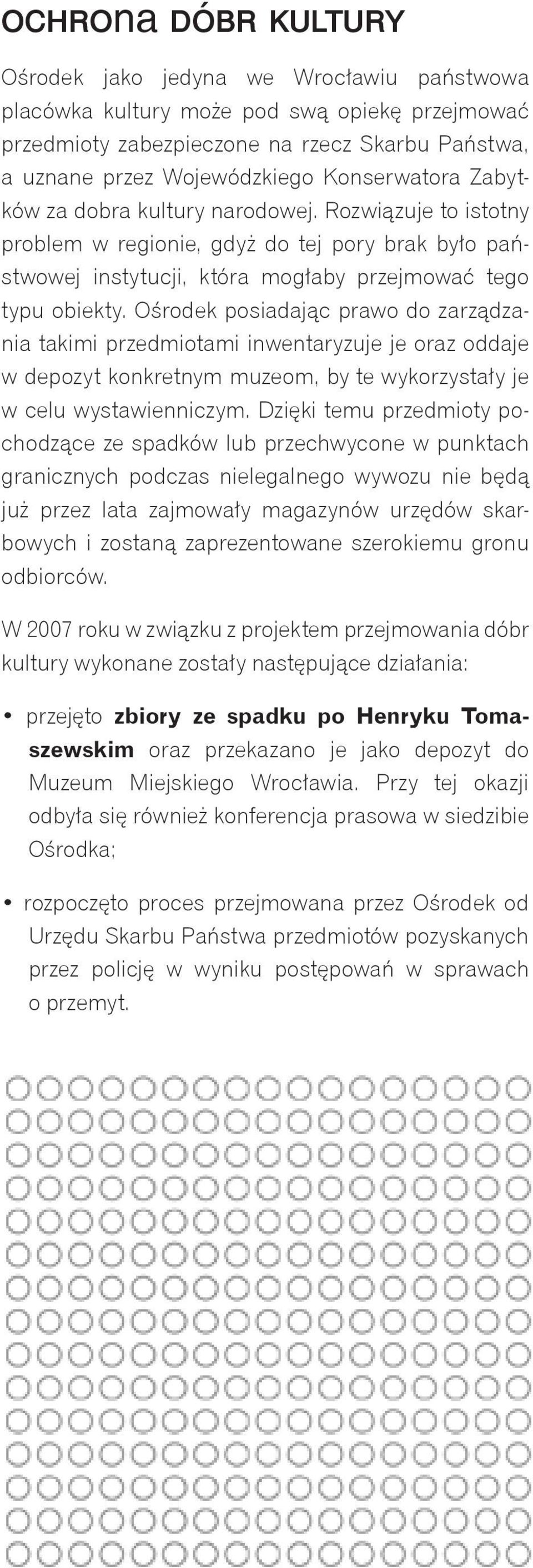 Ośrodek posiadając prawo do zarządzania takimi przedmiotami inwentaryzuje je oraz oddaje w depozyt konkretnym muzeom, by te wykorzystały je w celu wystawienniczym.