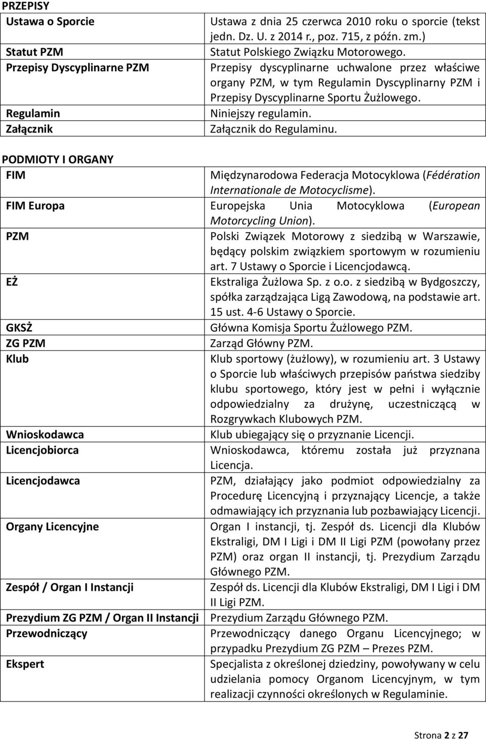 Załącznik do Regulaminu. PODMIOTY I ORGANY FIM Międzynarodowa Federacja Motocyklowa (Fédération Internationale de Motocyclisme). FIM Europa Europejska Unia Motocyklowa (European Motorcycling Union).