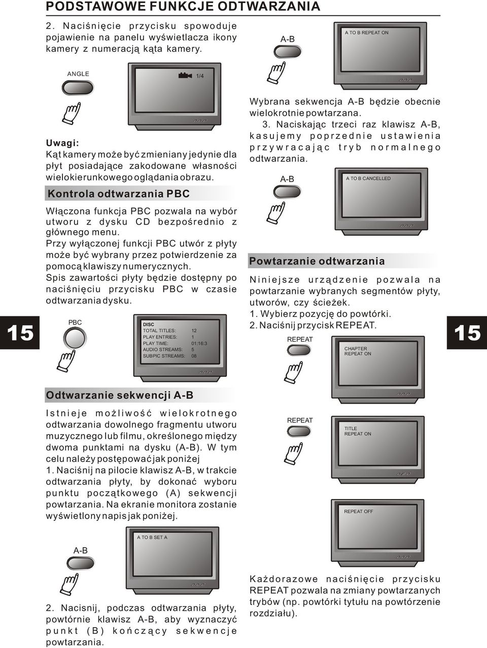 Kontrola odtwarzania PBC Wybrana sekwencja A-B bêdzie obecnie wielokrotnie powtarzana. 3. Naciskaj¹c trzeci raz klawisz A-B, kasujemy poprzednie ustawienia przywracaj¹c tryb normalnego odtwarzania.