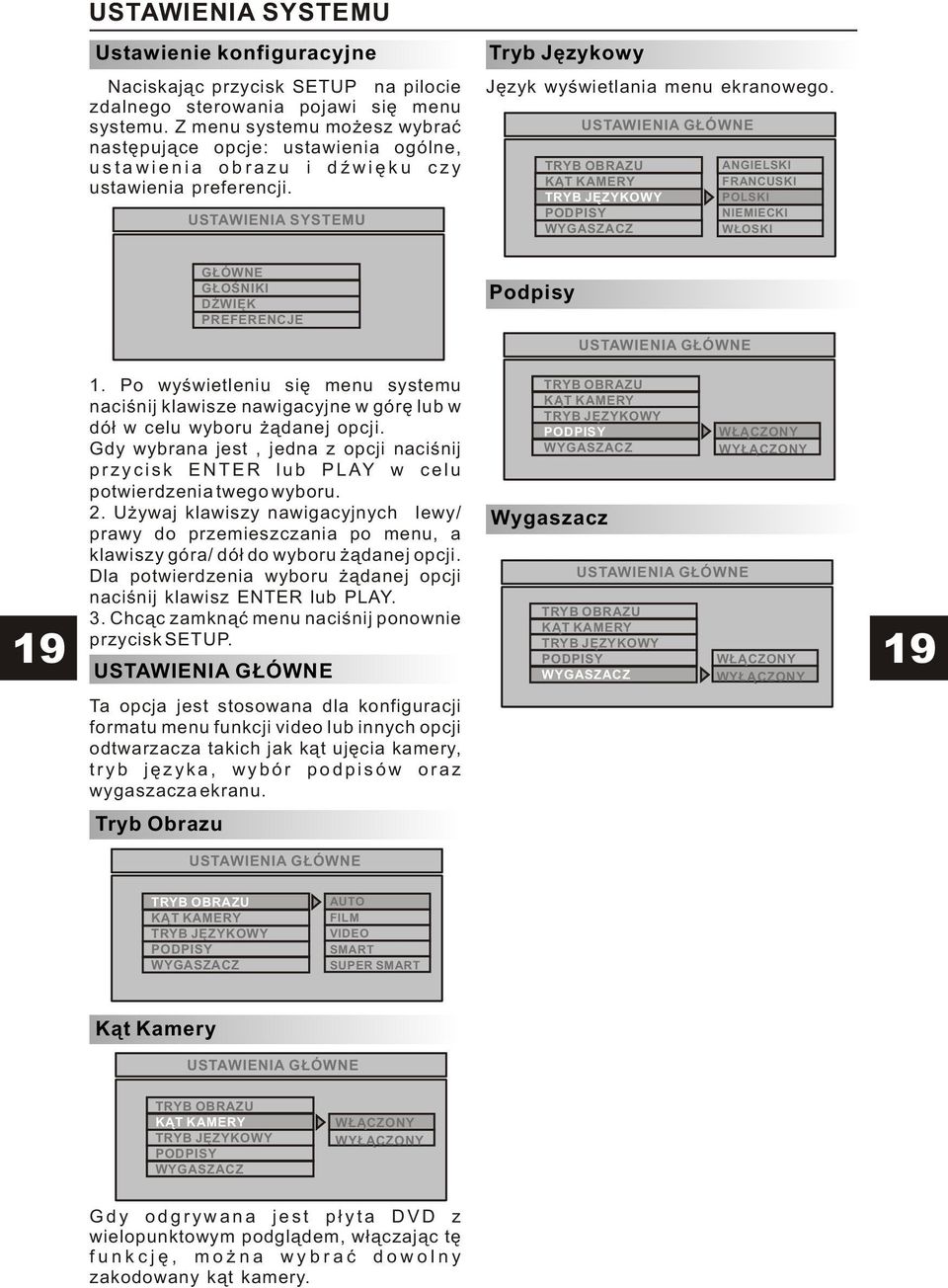 USTAWIENIA G ÓWNE TRYB OBRAZU K T KAMERY TRYB JÊZYKOWY PODPISY WYGASZACZ ANGIELSKI FRANCUSKI POLSKI NIEMIECKI W OSKI G ÓWNE G OŒNIKI D WIÊK PREFERENCJE Podpisy USTAWIENIA G ÓWNE 1.
