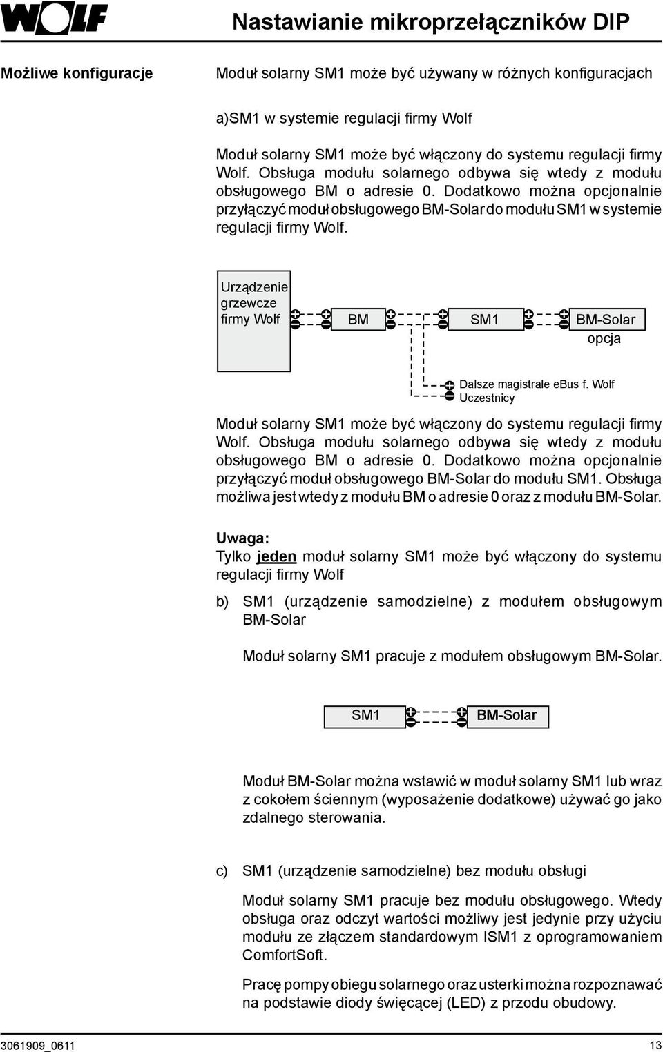 Dodatkowo można opcjonalnie przyłączyć moduł obsługowego BM-Solar do modułu SM1 w systemie regulacji firmy Wolf. Urządzenie grzewcze firmy Wolf BM SM1 BM-Solar opcja Dalsze magistrale ebus f.