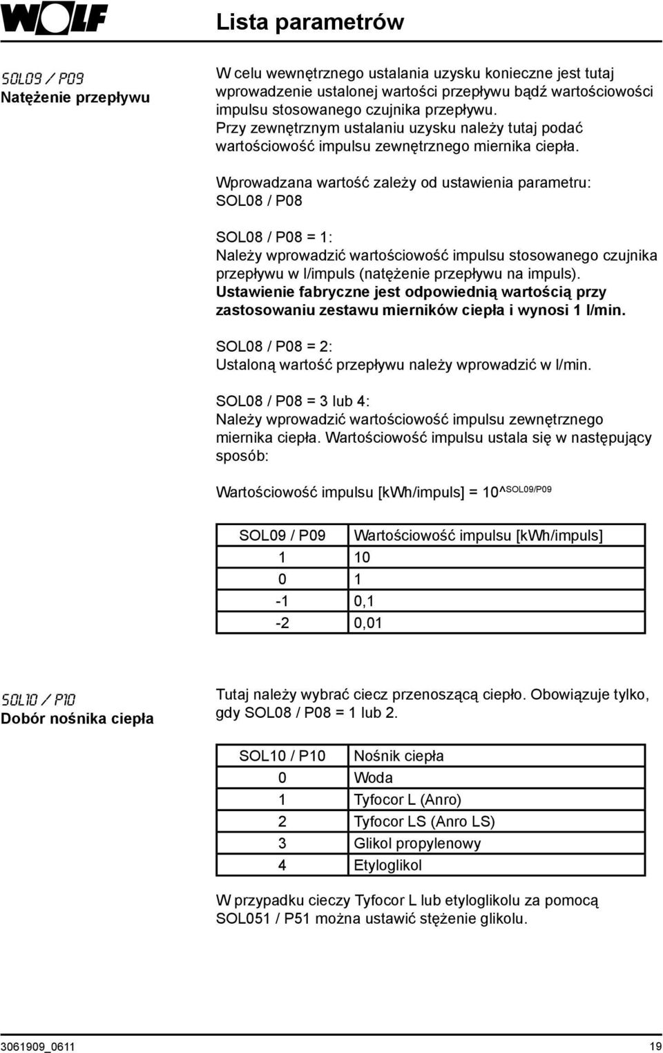 Wprowadzana wartość zależy od ustawienia parametru: SOL08 / P08 SOL08 / P08 = 1: Należy wprowadzić wartościowość impulsu stosowanego czujnika przepływu w l/impuls (natężenie przepływu na impuls).