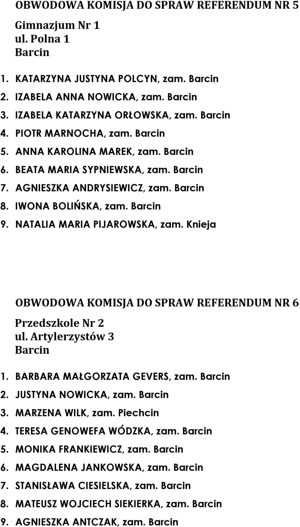 Knieja OBWODOWA KOMISJA DO SPRAW REFERENDUM NR 6 Przedszkole Nr 2 ul. Artylerzystów 3 1. BARBARA MAŁGORZATA GEVERS, zam. 2. JUSTYNA NOWICKA, zam. 3. MARZENA WILK, zam.