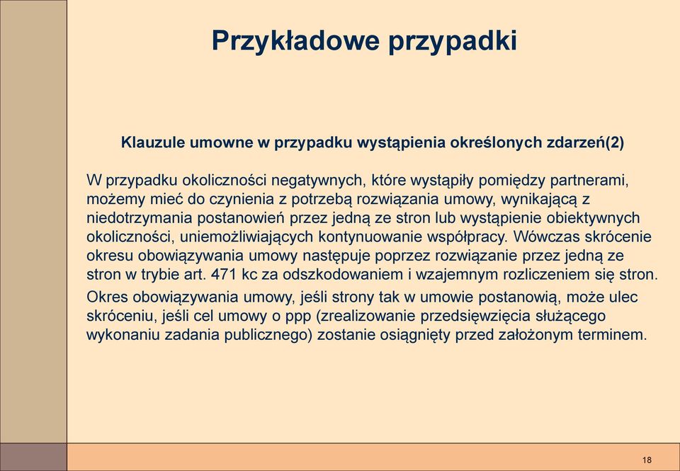 Wówczas skrócenie okresu obowiązywania umowy następuje poprzez rozwiązanie przez jedną ze stron w trybie art. 471 kc za odszkodowaniem i wzajemnym rozliczeniem się stron.