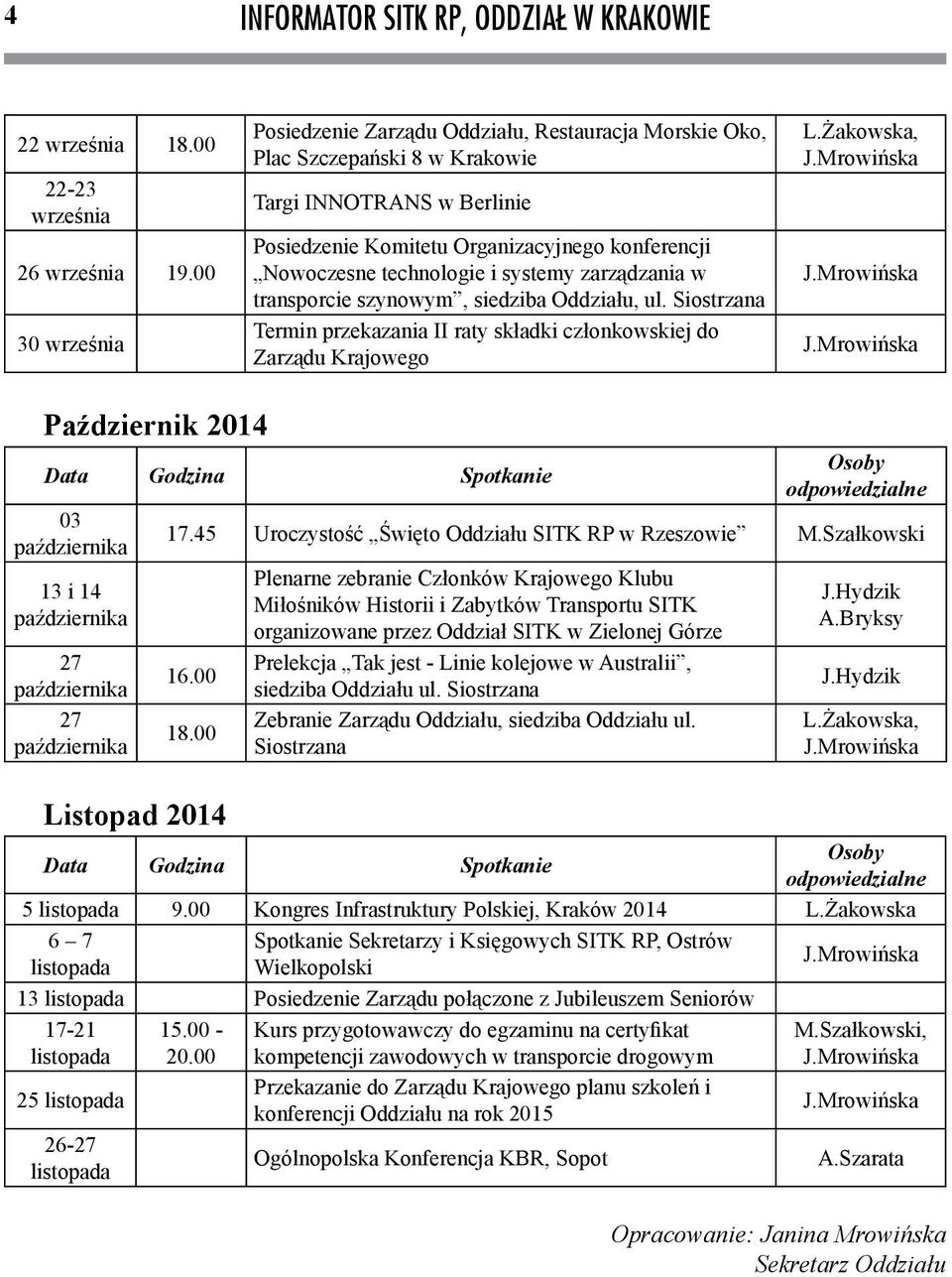 i systemy zarządzania w transporcie szynowym, siedziba Oddziału, ul. Siostrzana Termin przekazania II raty składki członkowskiej do Zarządu Krajowego L.Żakowska, J.Mrowińska J.