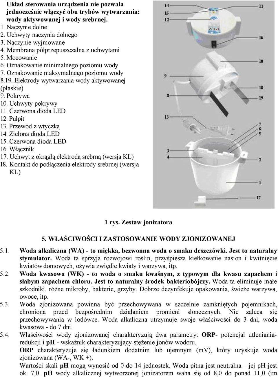 Uchwyty pokrywy. Czerwona dioda LED 2. Pulpit 3. PrzewÅd z wtyczkä 4. Zielona dioda LED 5. Czerwona dioda LED 6. WÑÄcznik 7. Uchwyt z okrägñä elektrodä srebrnä (wersja KL) 8.