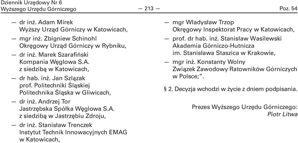 A. z siedzibą w Jastrzębiu Zdroju, dr inż. Stanisław Trenczek Instytut Technik Innowacyjnych EMAG w Katowicach, mgr Władysław Trzop Okręgowy Inspektorat Pracy w Katowicach, prof. dr hab. inż. Stanisław Wasilewski Akademia Górniczo-Hutnicza im.