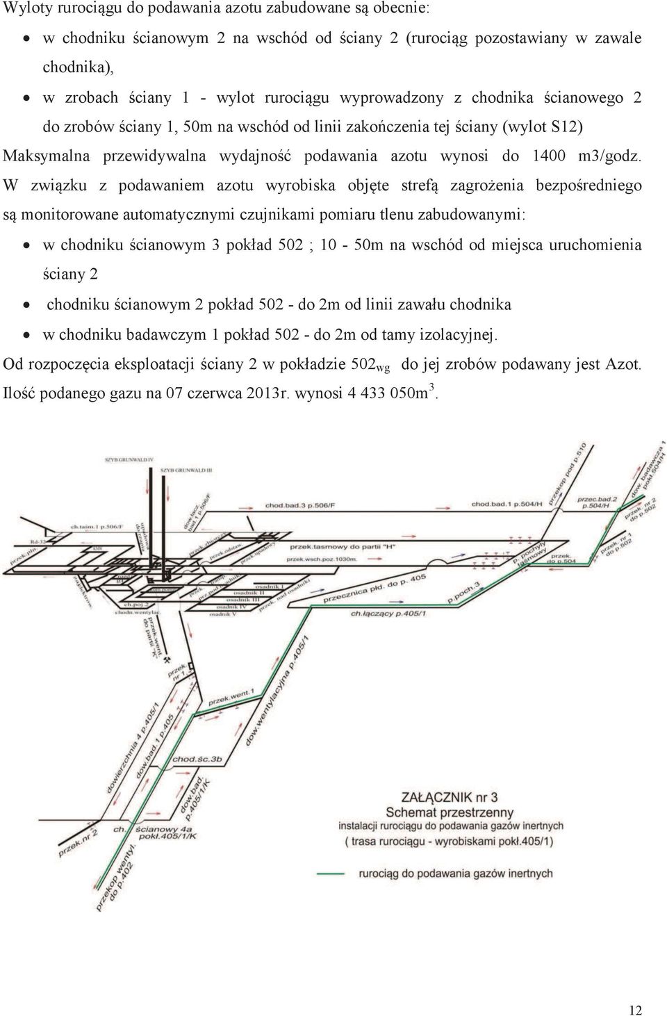 W związku z podawaniem azotu wyrobiska objęte strefą zagrożenia bezpośredniego są monitorowane automatycznymi czujnikami pomiaru tlenu zabudowanymi: w chodniku ścianowym 3 pokład 502 ; 10-50m na