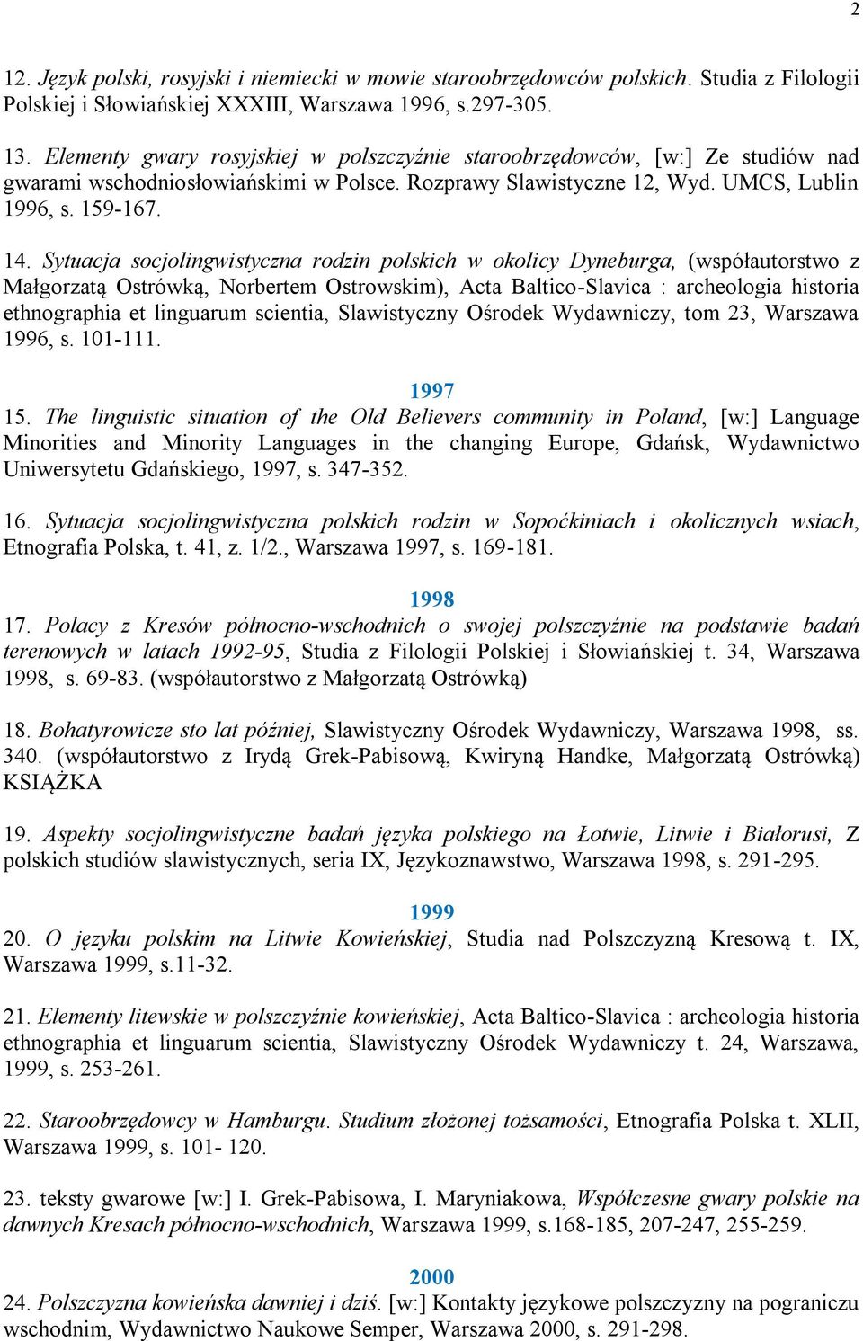 Sytuacja socjolingwistyczna rodzin polskich w okolicy Dyneburga, (współautorstwo z Małgorzatą Ostrówką, Norbertem Ostrowskim), Acta Baltico-Slavica : archeologia historia ethnographia et linguarum