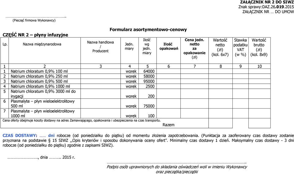 koszty dostawy na adres Zamawiającego, opakowania i ubezpieczenia na cs transportu. CZAS DOSTAWY: dni robocze (od poniedziałku do piątku) od momentu złożenia potrzebowania.