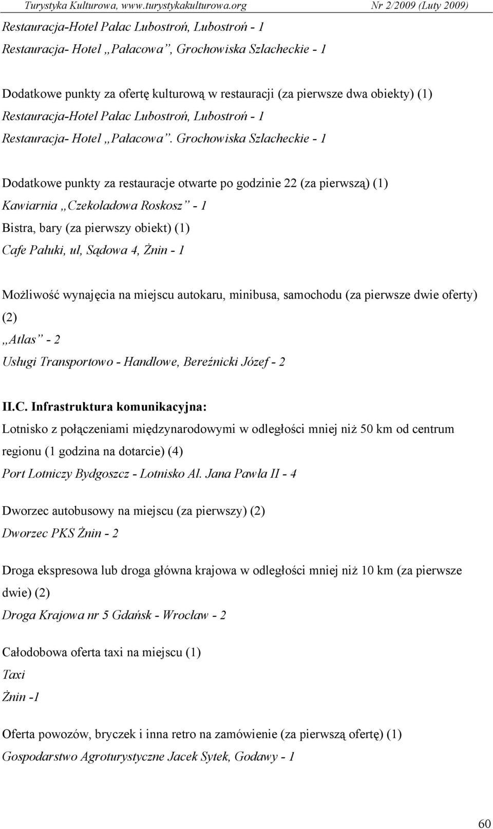 Grochowiska Szlacheckie - 1 Dodatkowe punkty za restauracje otwarte po godzinie 22 (za pierwszą) (1) Kawiarnia Czekoladowa Roskosz - 1 Bistra, bary (za pierwszy obiekt) (1) Cafe Pałuki, ul, Sądowa 4,