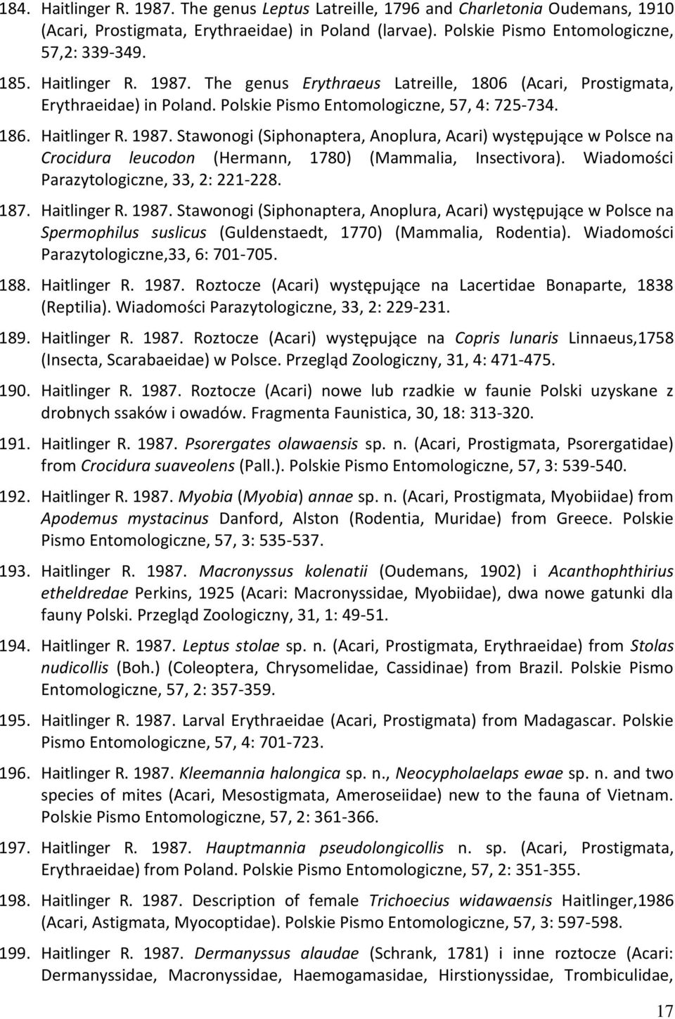 Wiadomości Parazytologiczne, 33, 2: 221-228. 187. Haitlinger R. 1987. Stawonogi (Siphonaptera, Anoplura, Acari) występujące w Polsce na Spermophilus suslicus (Guldenstaedt, 1770) (Mammalia, Rodentia).