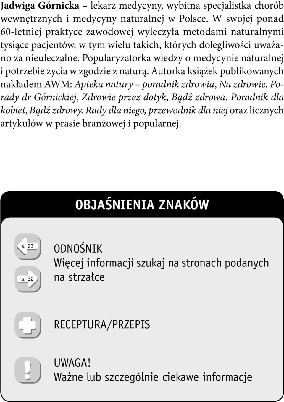 Popularyzatorka wiedzy o medycynie naturalnej i potrzebie życia w zgodzie z naturą. Autorka książek publikowanych nakładem AWM: Apteka natury poradnik zdrowia, Na zdrowie.