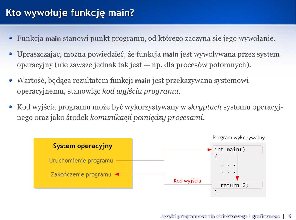 Wartość, będąca rezultatem funkcji main jest przekazywana systemowi operacyjnemu, stanowiąc kod wyjścia programu.