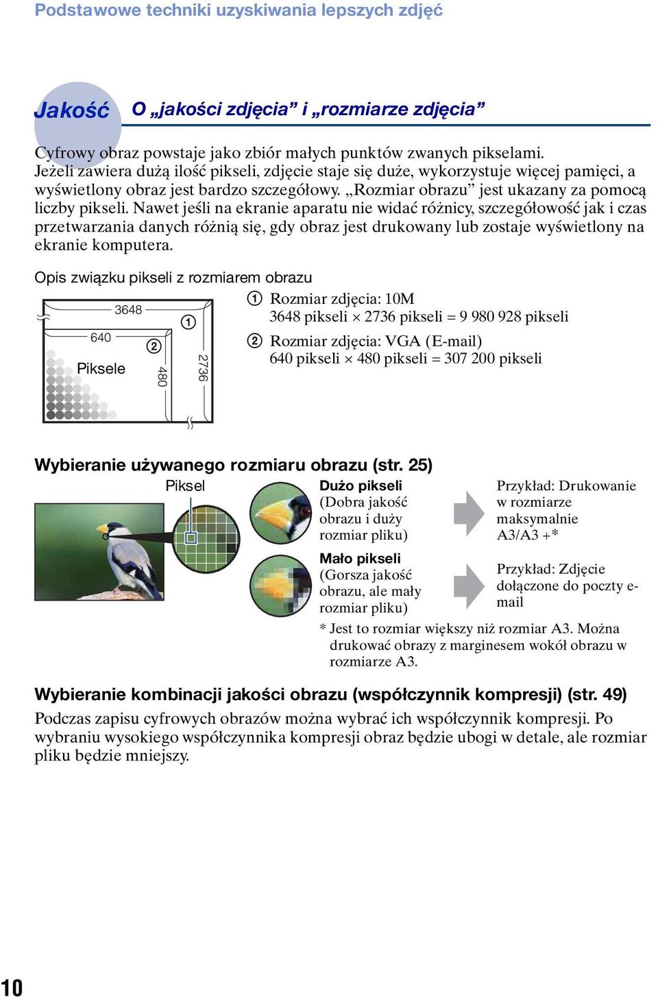 Nawet jeśli na ekranie aparatu nie widać różnicy, szczegółowość jak i czas przetwarzania danych różnią się, gdy obraz jest drukowany lub zostaje wyświetlony na ekranie komputera.