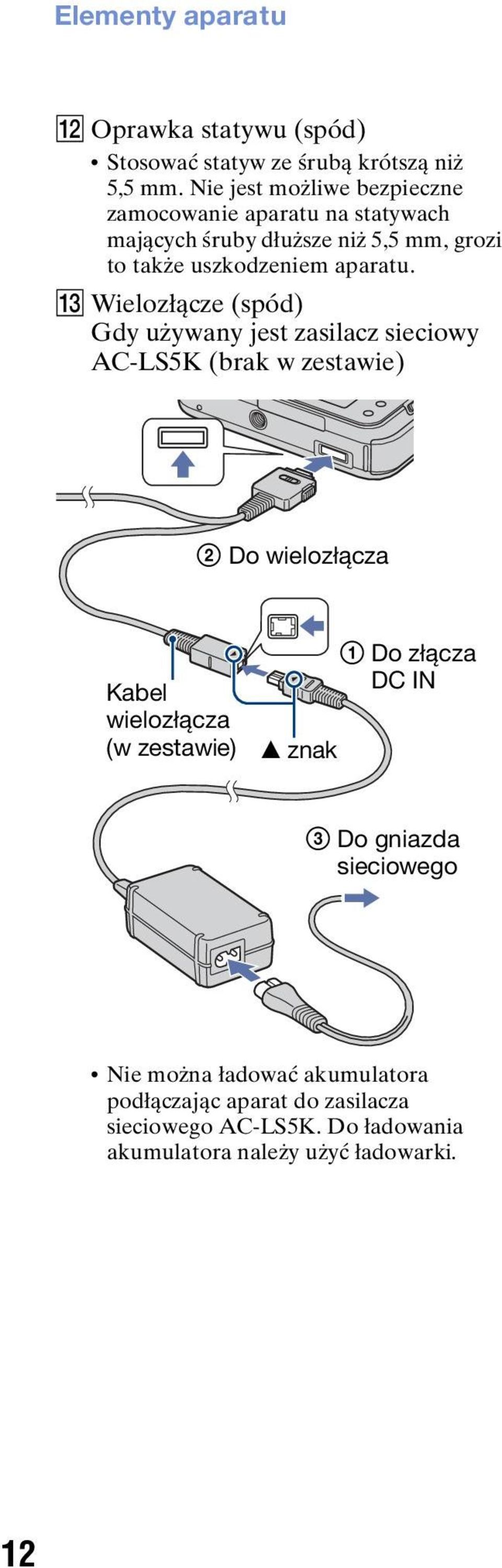 M Wielozłącze (spód) Gdy używany jest zasilacz sieciowy AC-LS5K (brak w zestawie) 2 Do wielozłącza Kabel wielozłącza (w zestawie) v
