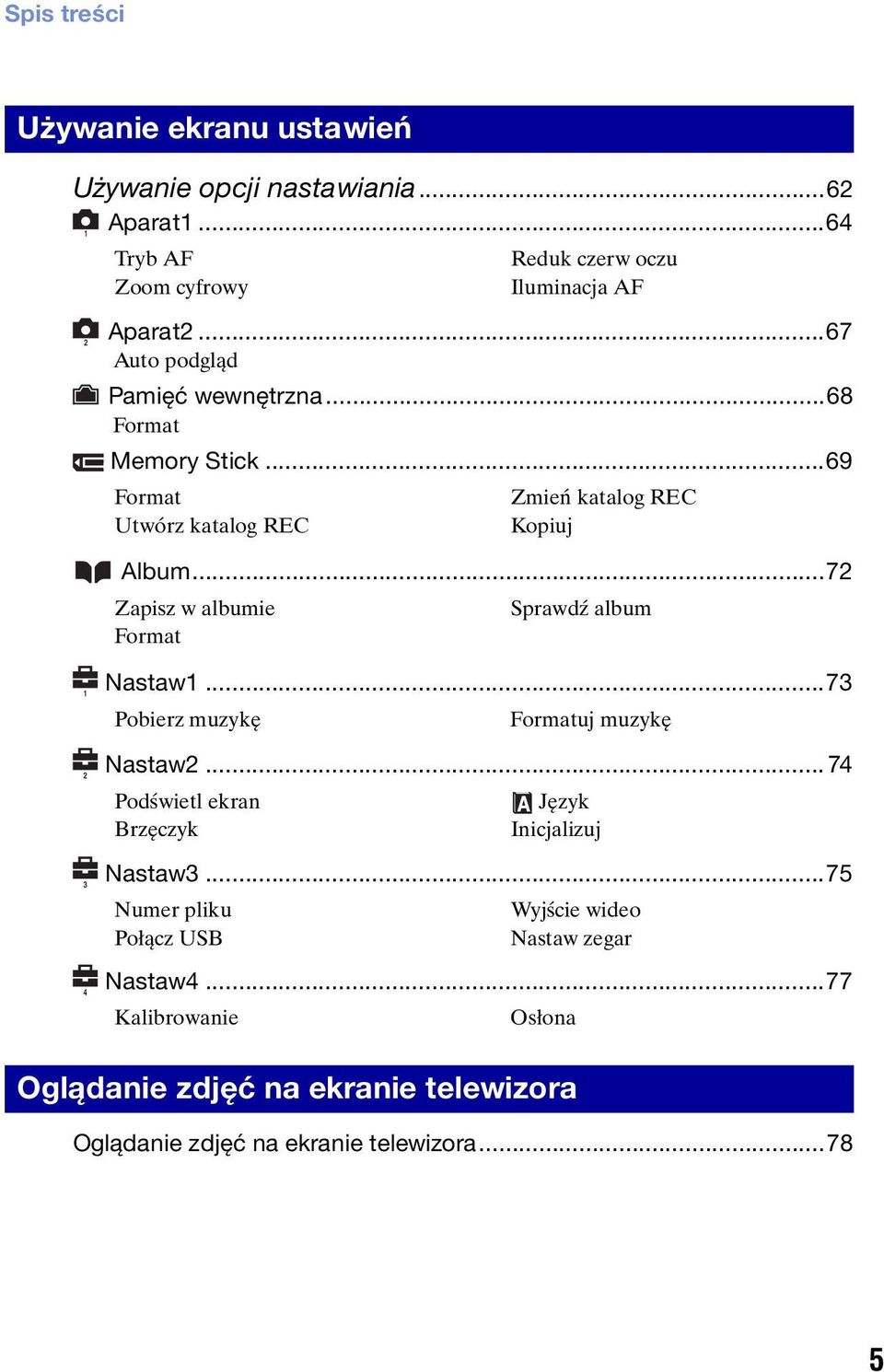 ..72 Zapisz w albumie Sprawdź album Format 1 2 3 4 Nastaw1...73 Pobierz muzykę Formatuj muzykę Nastaw2.