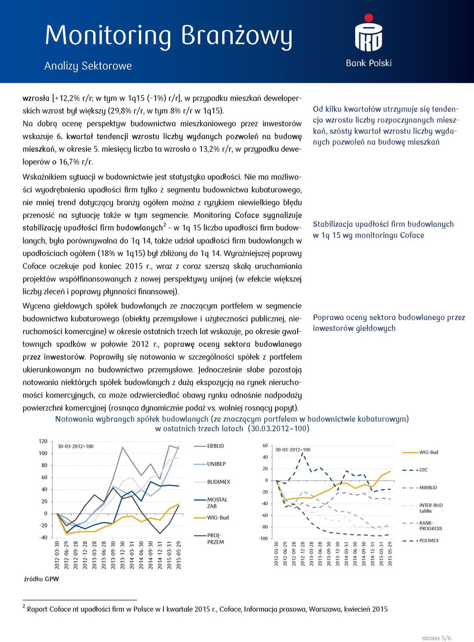 w 1q15). Na dobrą ocenę perspektyw budownictwa mieszkaniowego przez inwestorów wskazuje 6. kwartał tendencji wzrostu liczby wydanych pozwoleń na budowę mieszkań, w okresie 5.