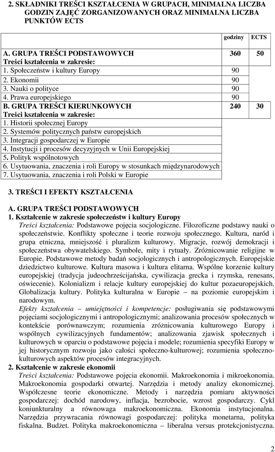 GRUPA TRECI KIERUNKOWYCH 240 30 Treci kształcenia w zakresie: 1. Historii społecznej Europy 2. Systemów politycznych pastw europejskich 3. Integracji gospodarczej w Europie 4.