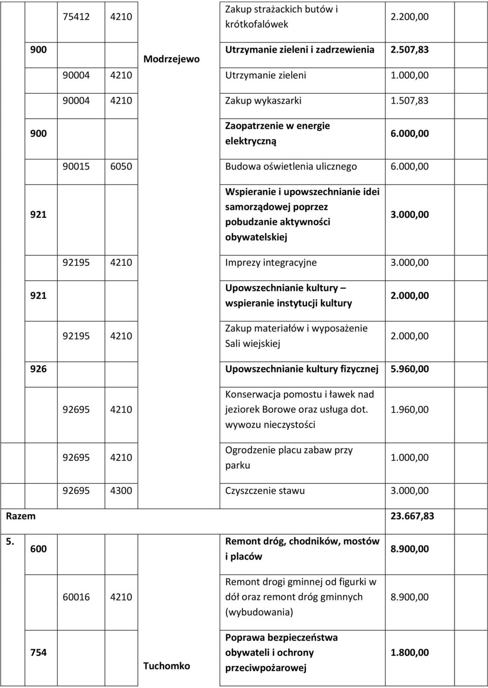 00 95 4210 Zakup materiałów i wyposażenie Sali wiejskiej 2.00 Upowszechnianie kultury fizycznej 5.96 95 4210 95 4210 Konserwacja pomostu i ławek nad jeziorek Borowe oraz usługa dot.