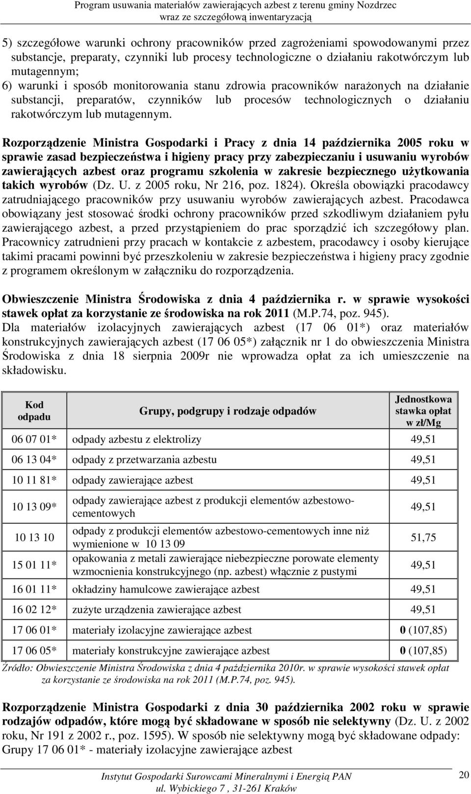 Rozporządzenie Ministra Gospodarki i Pracy z dnia 14 października 2005 roku w sprawie zasad bezpieczeństwa i higieny pracy przy zabezpieczaniu i usuwaniu wyrobów zawierających azbest oraz programu