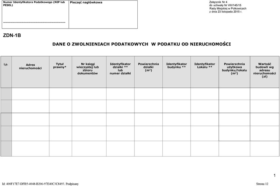 Adres nieruchomości Tytuł prawny* Nr księgi wieczystej lub zbioru dokumentów Identyfikator działki ** lub numer działki działki ( )