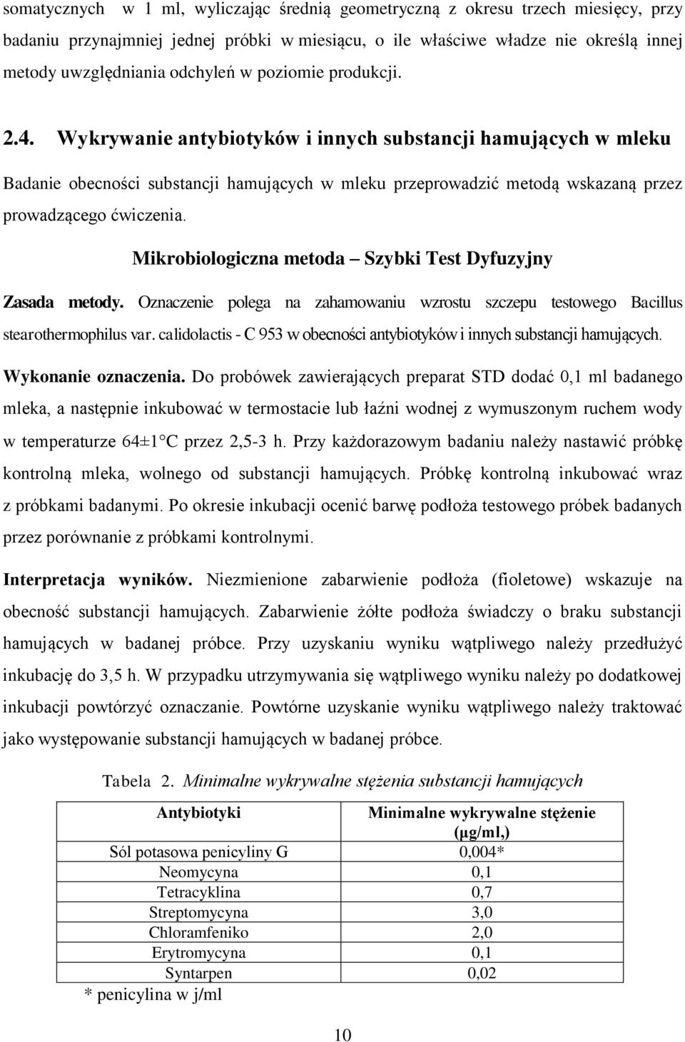 Wykrywanie antybiotyków i innych substancji hamujących w mleku Badanie obecności substancji hamujących w mleku przeprowadzić metodą wskazaną przez prowadzącego ćwiczenia.