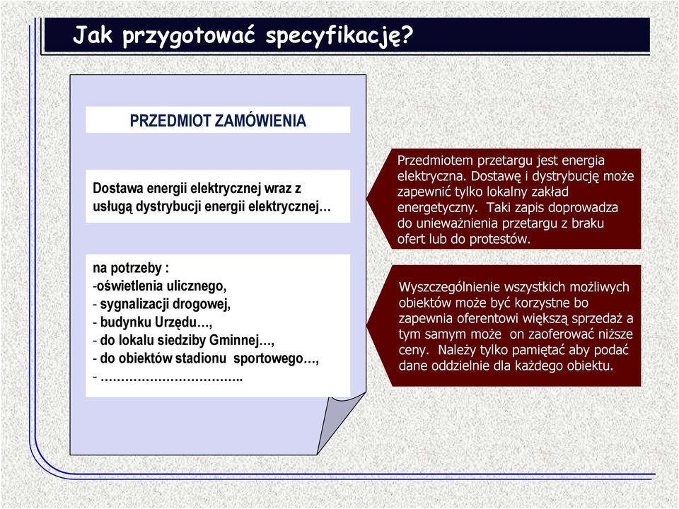 Urzędu, - do lokalu siedziby Gminnej, - do obiektów stadionu sportowego, -.. Przedmiotem przetargu jest energia elektryczna.