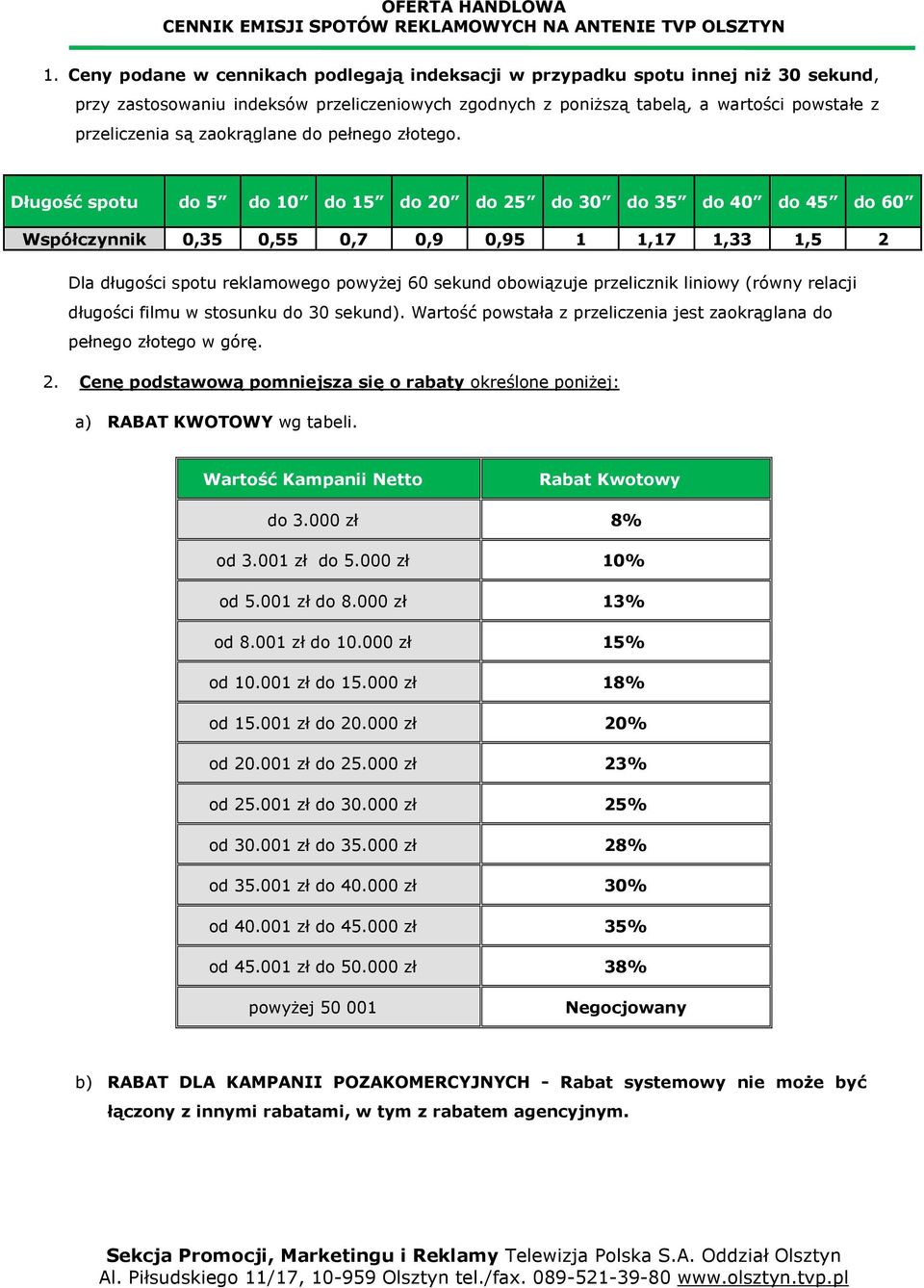 Długość spotu do 5 do 10 do 15 do 20 do 25 do 30 do 35 do 40 do 45 do 60 Współczynnik 0,35 0,55 0,7 0,9 0,95 1 1,17 1,33 1,5 2 Dla długości spotu reklamowego powyżej 60 sekund obowiązuje przelicznik