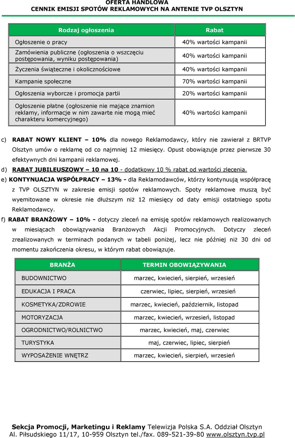 wartości kampanii 70% wartości kampanii 20% wartości kampanii 40% wartości kampanii c) RABAT NOWY KLIENT 10% dla nowego Reklamodawcy, który nie zawierał z BRTVP Olsztyn umów o reklamę od co najmniej