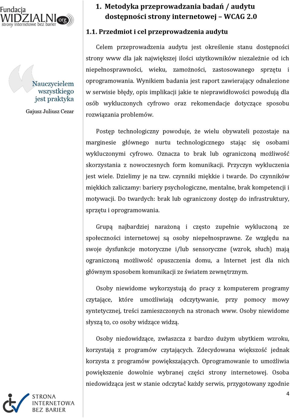 Wynikiem badania jest raport zawierający odnalezione w serwisie błędy, opis implikacji jakie te nieprawidłowości powodują dla osób wykluczonych cyfrowo oraz rekomendacje dotyczące sposobu rozwiązania