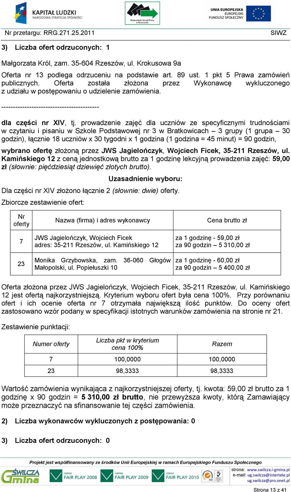 prowadzenie zajęć dla uczniów ze specyficznymi trudnościami w czytaniu i pisaniu w Szkole Podstawowej nr 3 w Bratkowicach 3 grupy (1 grupa 30 godzin), łącznie 18 uczniów x 30 tygodni x 1 godzina (1