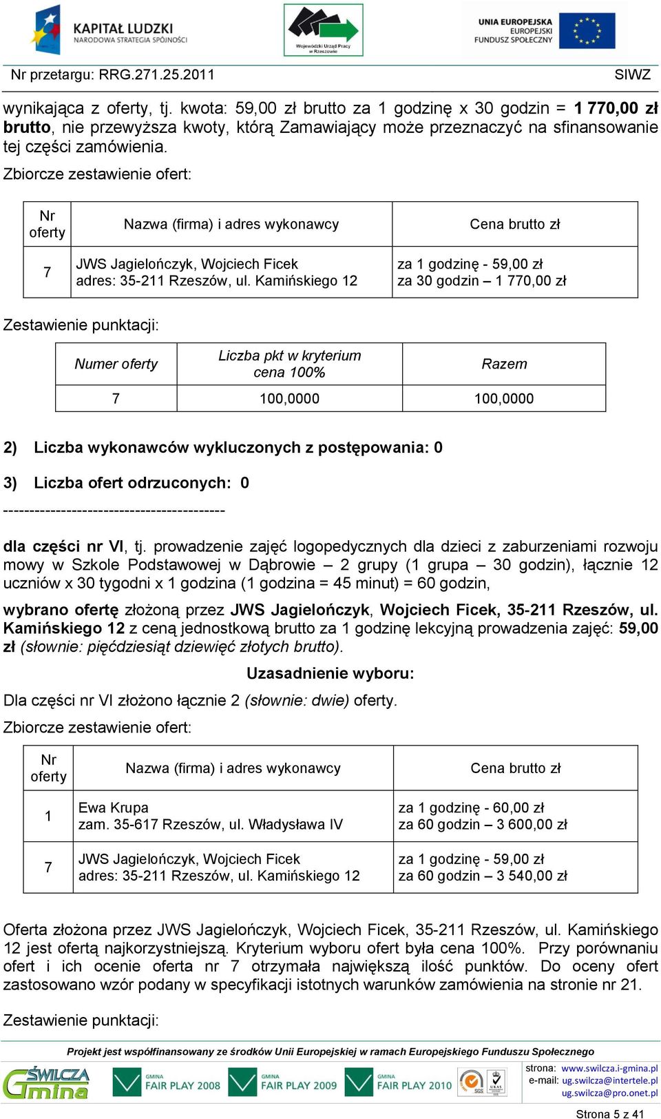 za 30 godzin 1 0,00 zł 100,0000 100,0000 dla części nr VI, tj.