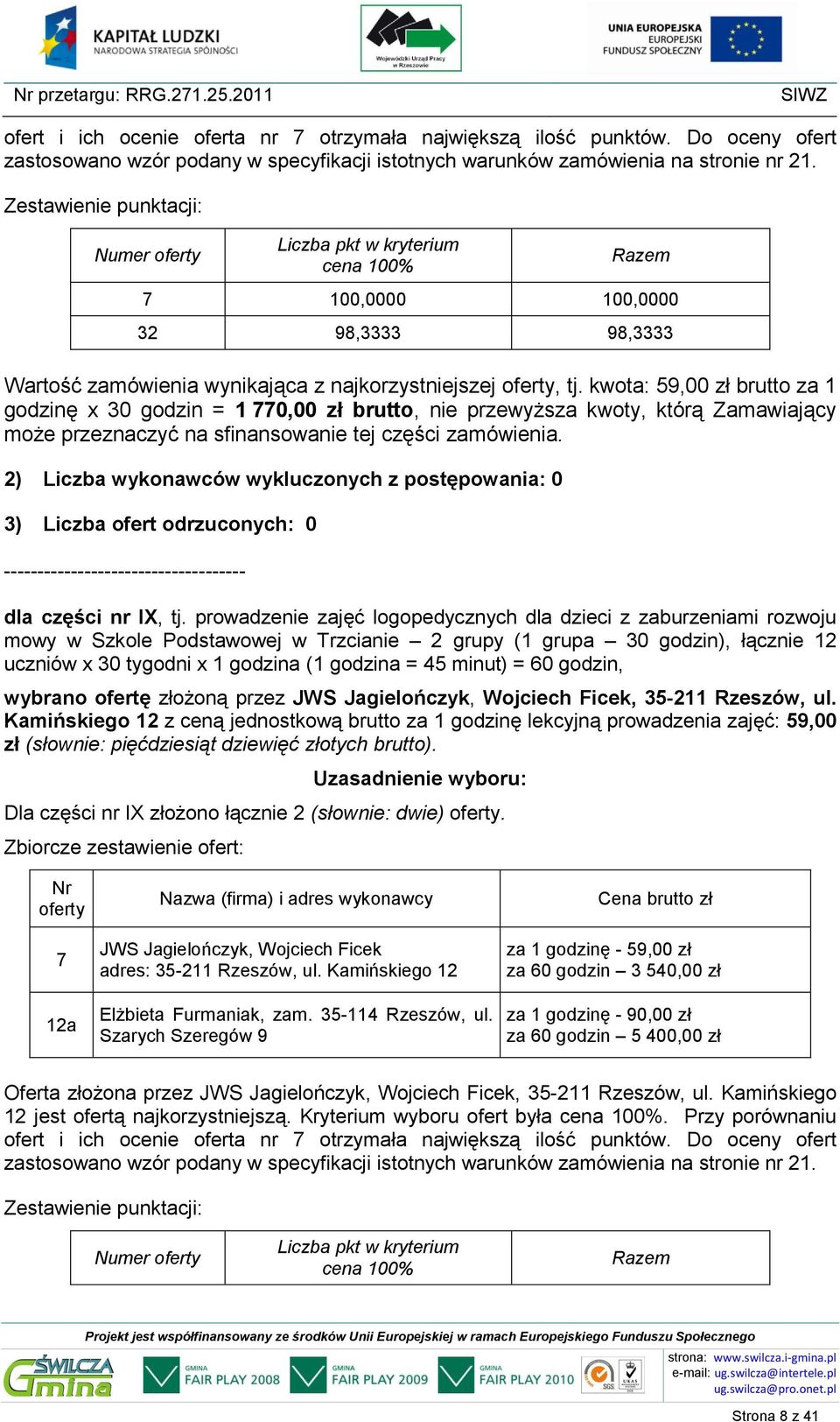 prowadzenie zajęć logopedycznych dla dzieci z zaburzeniami rozwoju mowy w Szkole Podstawowej w Trzcianie 2 grupy (1 grupa 30 godzin), łącznie 12 uczniów x 30 tygodni x 1 godzina (1 godzina = 45