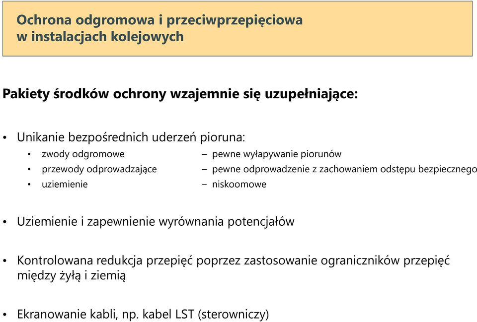 odprowadzenie z zachowaniem odstępu bezpiecznego uziemienie niskoomowe Uziemienie i zapewnienie wyrównania potencjałów