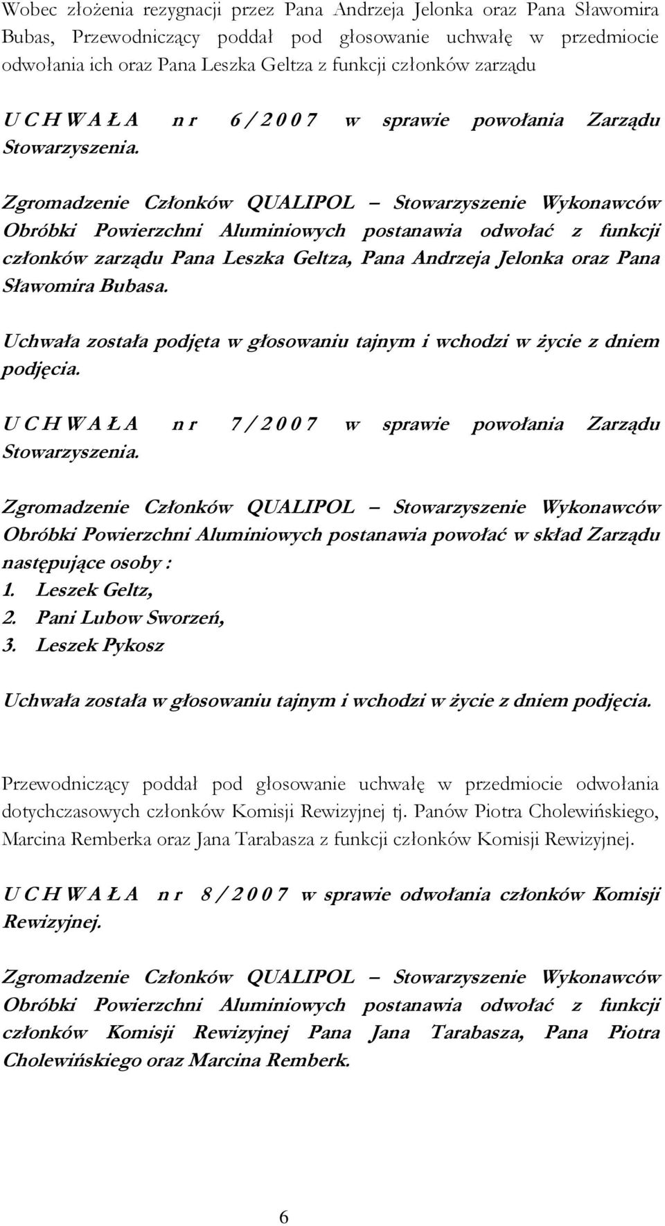 Sławomira Bubasa. Uchwała została podjęta w głosowaniu tajnym i wchodzi w życie z dniem podjęcia.