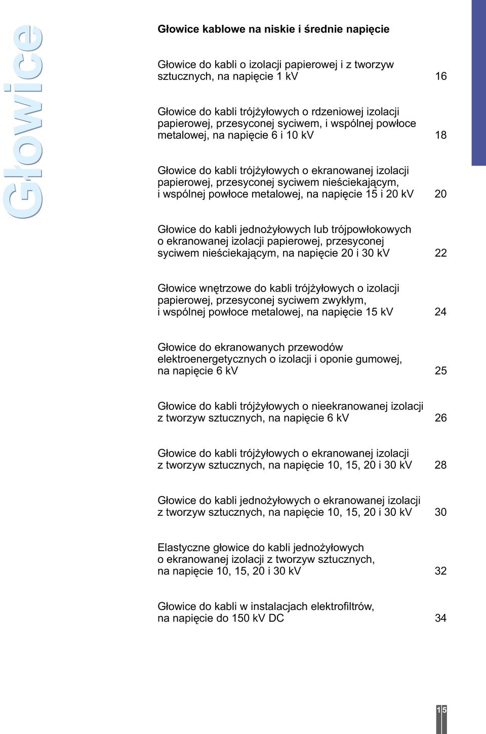 metalowej, na napięcie 15 i 20 kv 20 Głowice do kabli jednożyłowych lub trójpowłokowych o ekranowanej izolacji papierowej, przesyconej syciwem nieściekającym, na napięcie 20 i 30 kv 22 Głowice