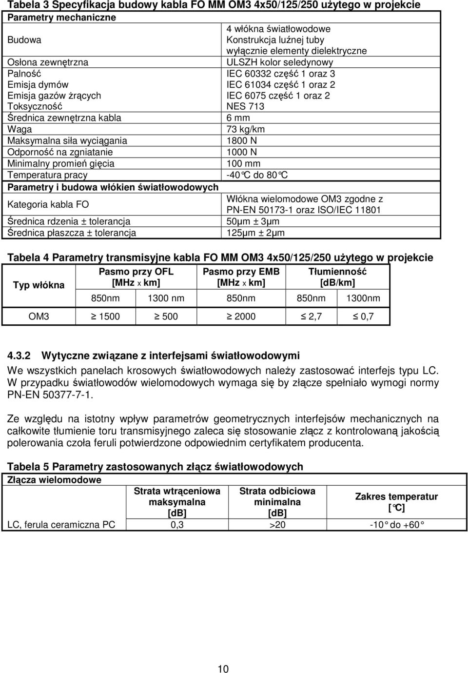 mm Waga 73 kg/km Maksymalna siła wyciągania 1800 N Odporność na zgniatanie 1000 N Minimalny promień gięcia 100 mm Temperatura pracy -40 C do 80 C Parametry i budowa włókien światłowodowych Włókna