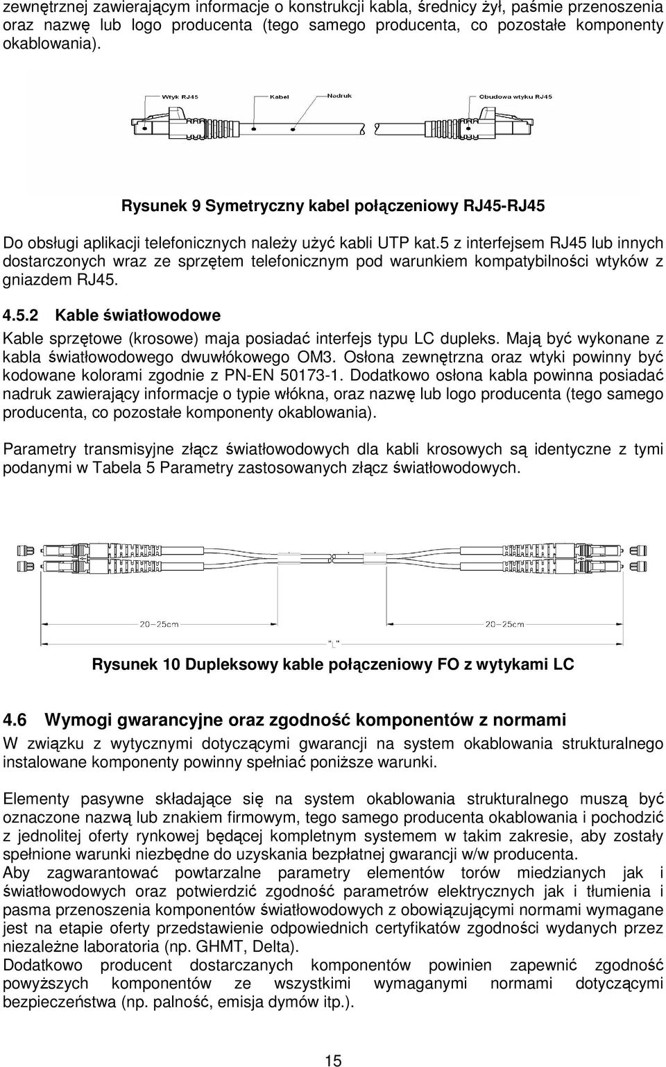 5 z interfejsem RJ45 lub innych dostarczonych wraz ze sprzętem telefonicznym pod warunkiem kompatybilności wtyków z gniazdem RJ45. 4.5.2 Kable światłowodowe Kable sprzętowe (krosowe) maja posiadać interfejs typu LC dupleks.