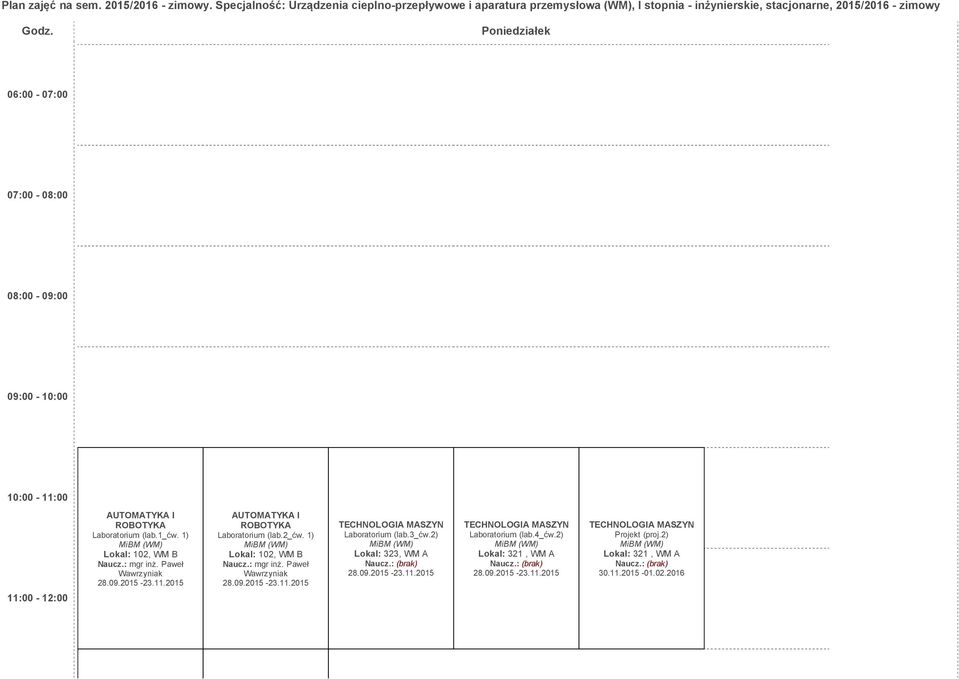 Poniedziałek 06:00 07:00 07:00 08:00 08:00 09:00 09:00 10:00 10:00 11:00 11:00 12:00 Laboratorium (lab.1_ćw. 1) Lokal: 102, WM B Naucz.: mgr inż.