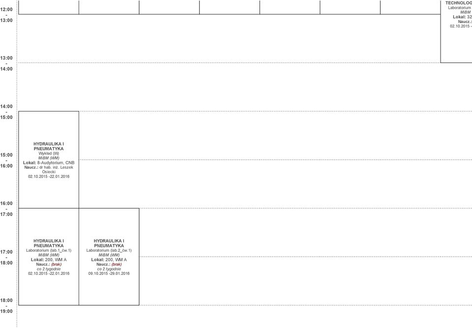 inż. Leszek Osiecki 02.10.2015 22.01.2016 16:00 17:00 17:00 18:00 HYDRAULIKA I PNEUMATYKA Laboratorium (lab.1_ćw.