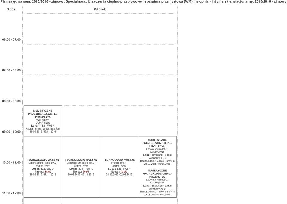 19.01.2016 10:00 11:00 11:00 12:00 Laboratorium (lab.5_ćw.3) Lokal: 323, WM A 29.09.2015 17.11.2015 Laboratorium (lab.6_ćw.3) Lokal: 321, WM A 29.09.2015 17.11.2015 Projekt (proj.