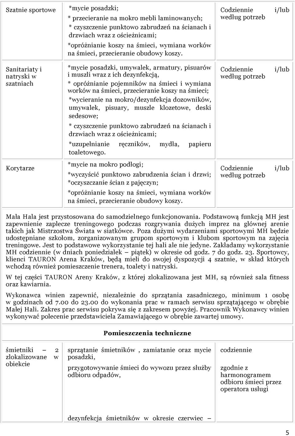 Sanitariaty i natryski w szatniach *mycie posadzki, umywalek, armatury, pisuarów i muszli wraz z ich dezynfekcją, * opróżnianie pojemników na śmieci i wymiana worków na śmieci, przecieranie koszy na